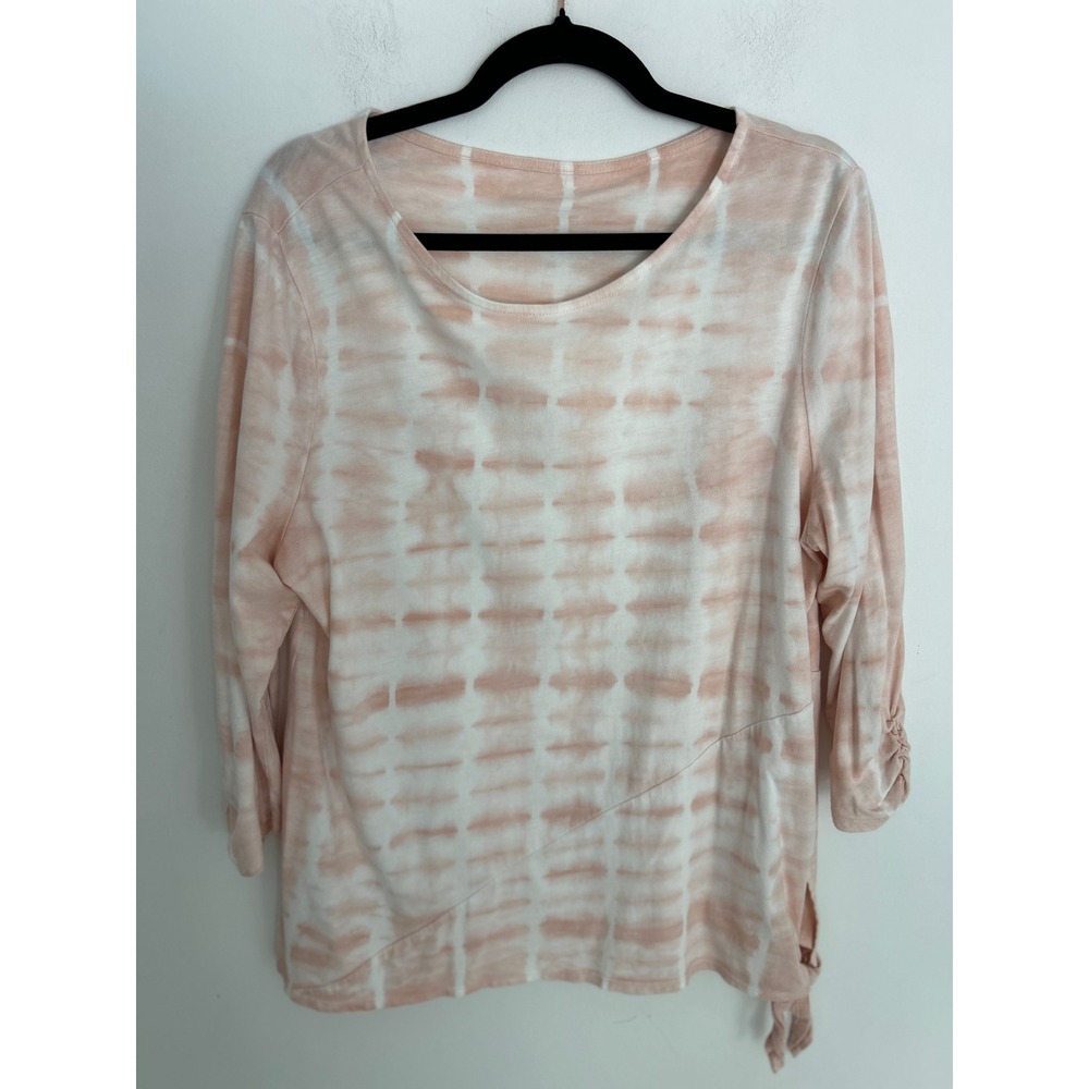 Chicos Tie Dye 3/4 Sleeve Top Peach White Ruched Cotton Modal Scoop‎ Neck